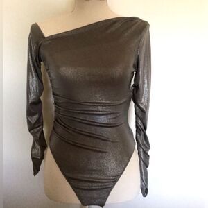 NWT Zara Asymmetrical Metallic Silver Pewter Shirred Bodysuit Sz S